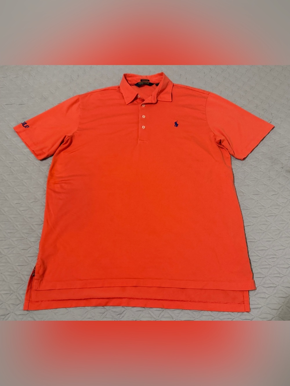Polo Ralph Lauren Mens Large Golf Polo Salmon Pink Stretch Lisle Sleeve Spellout